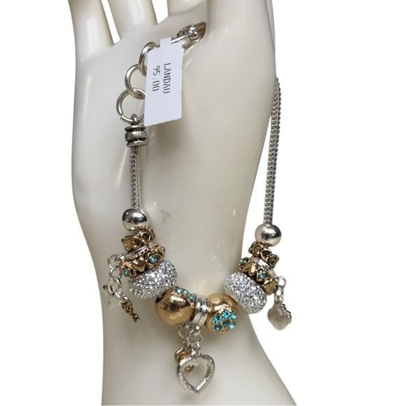 Landau Silver & Gold-Tone Love Hearts Charm Bracelet – 7.5” Blue Crystal Accents - Picture 1 of 9